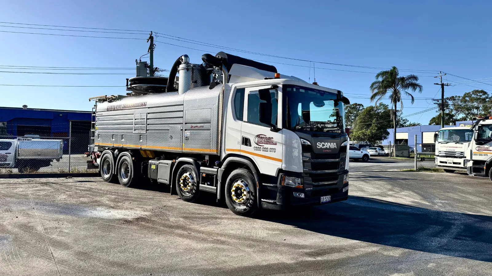 Dynamic 10x4 Scania vacuum truck parked at the depot