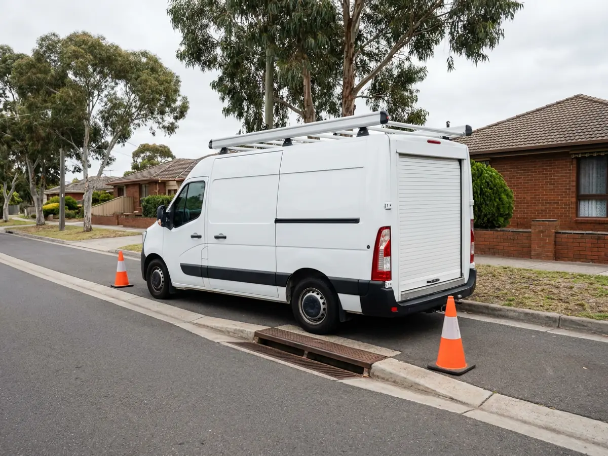 Drain camera inspection van parked kerbside beside a stormwater grate, coned off for a pipe inspection