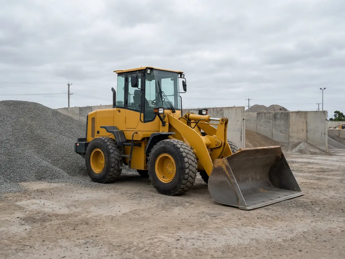 Wheeled front-end loader beside a gravel stockpile in a materials yard