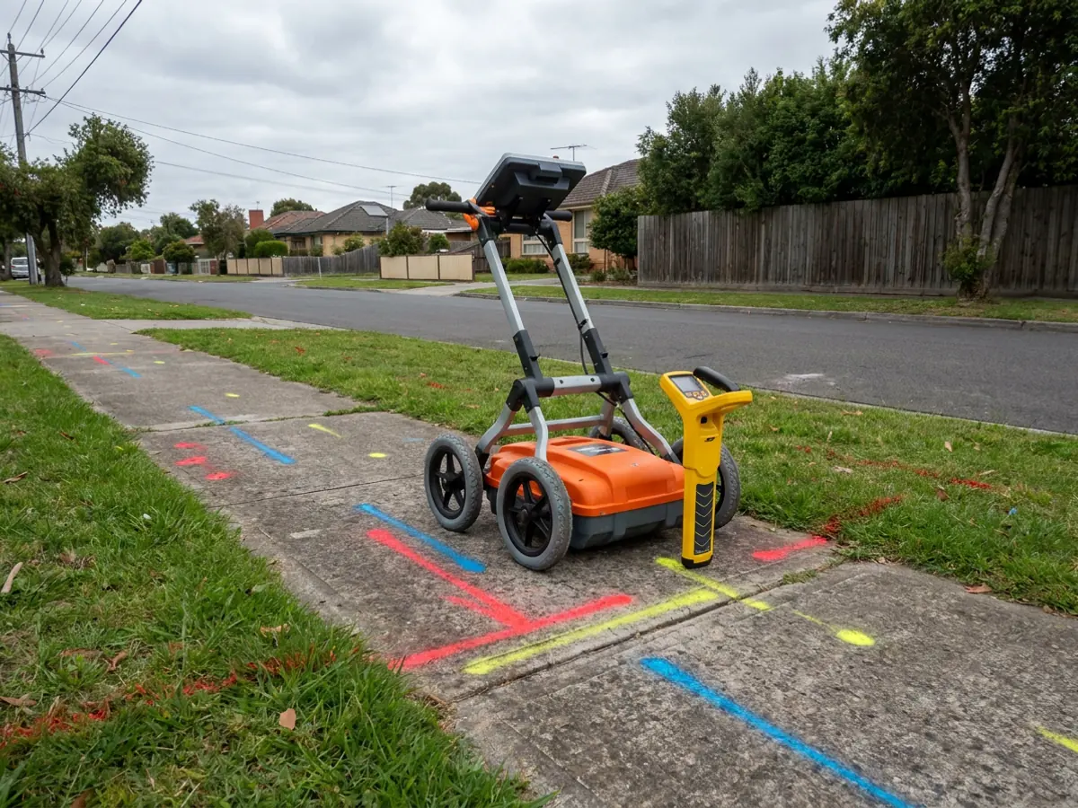 Ground penetrating radar cart and handheld cable locator on a footpath marked up with buried service lines