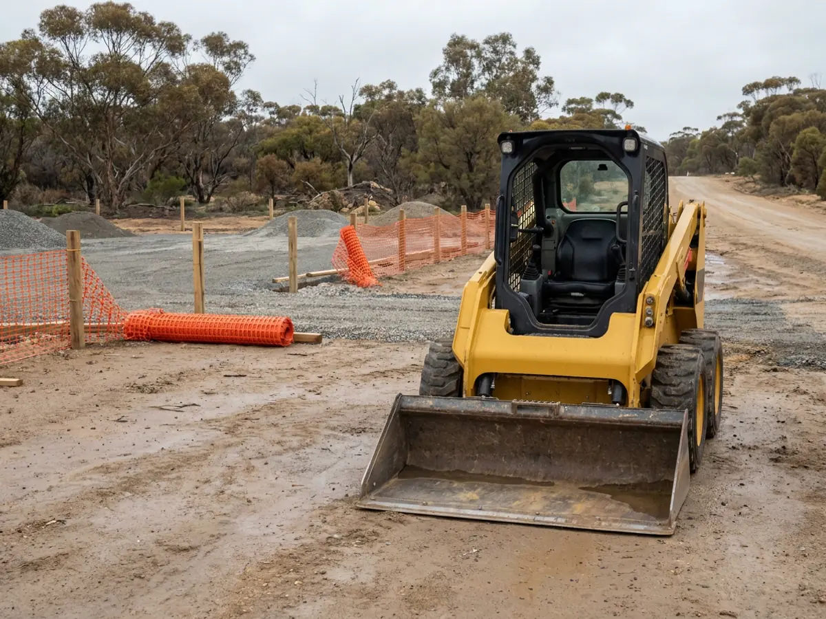 Compact skid steer loader with its bucket lowered on a civil construction site