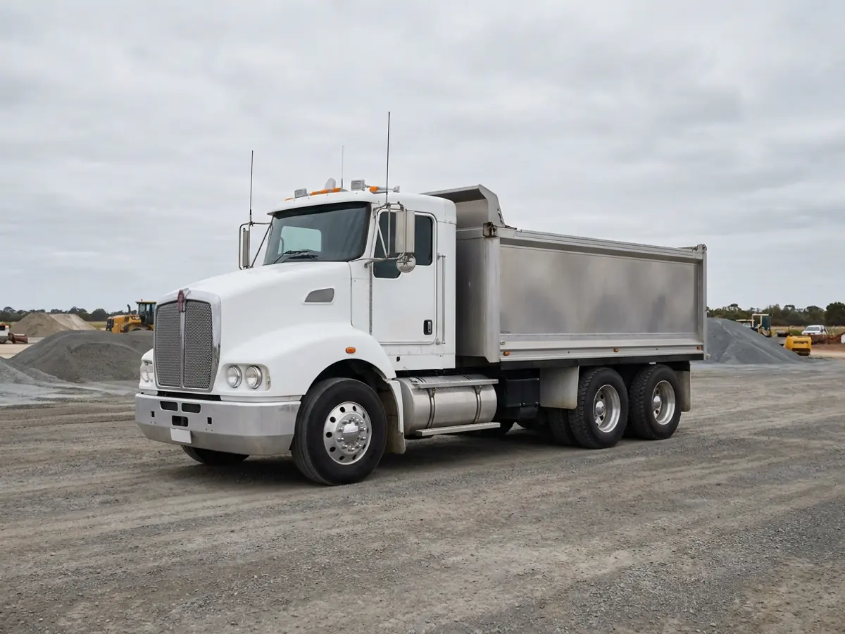 Three-axle tip truck with a steel tipping body on a gravel hardstand at a civil works site