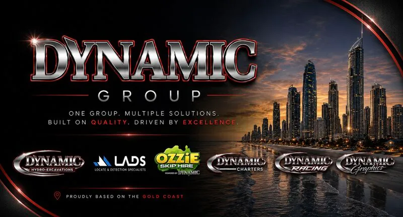 Dynamic Group graphic showing the Dynamic Hydro Excavations, LADS, Ozzie Skip Hire, Dynamic Charters, Dynamic Racing and Dynamic Graphics brand marks above the Gold Coast skyline
