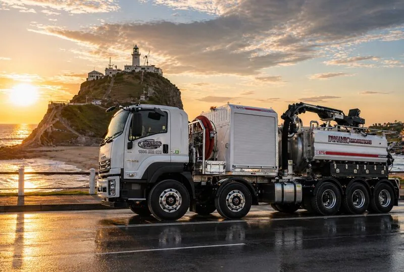 Dynamic Hydro Excavations vacuum excavation truck parked on the Newcastle foreshore at sunrise below the Nobbys Head lighthouse
