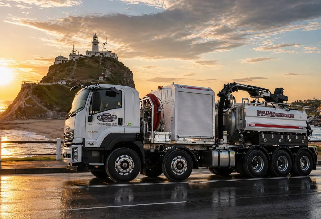 Dynamic Excavations hydro tanker truck parked on a coastal road at sunrise