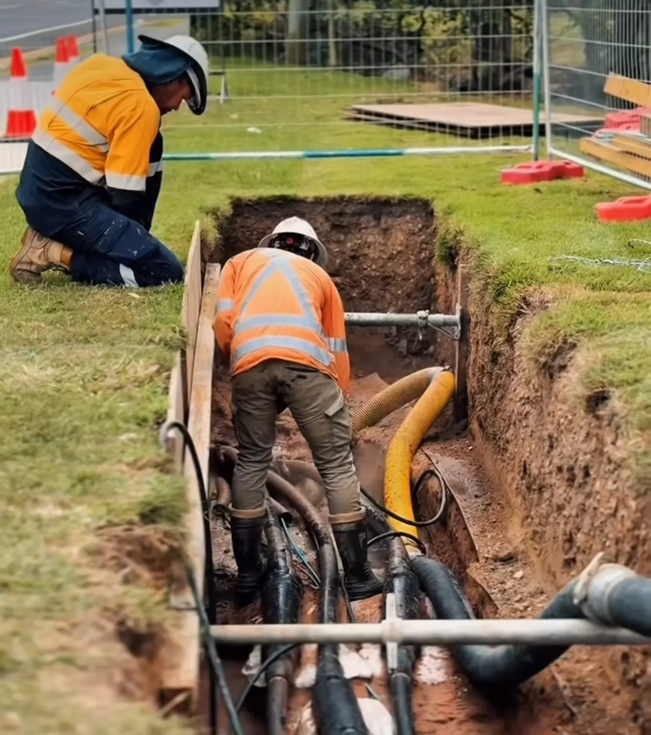 Dynamic crew in high-visibility gear using a vacuum excavation hose to expose underground cables in a shored trench